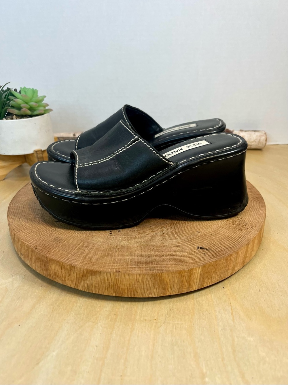 Steve Madden Vintage Ignite Platform Wedge Slides - Black Leather - Size 6.5B - Picture 4 of 16